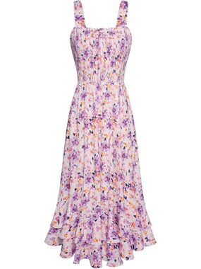 Women's Purple Yellow Square Neck Strapped A LINE Floral Boho Long Maxi Dress